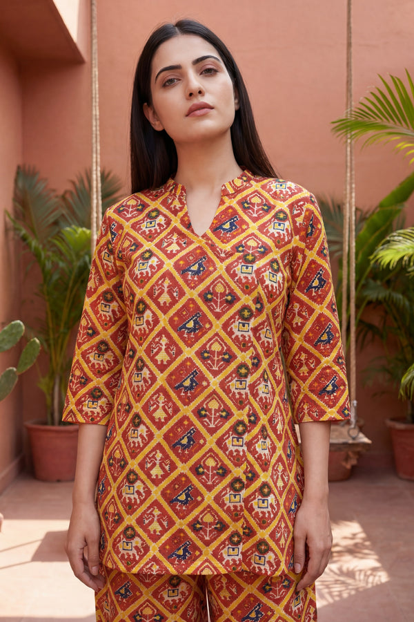 Sunset Tapestry Orange Cotton Angrakha Co-ord Set