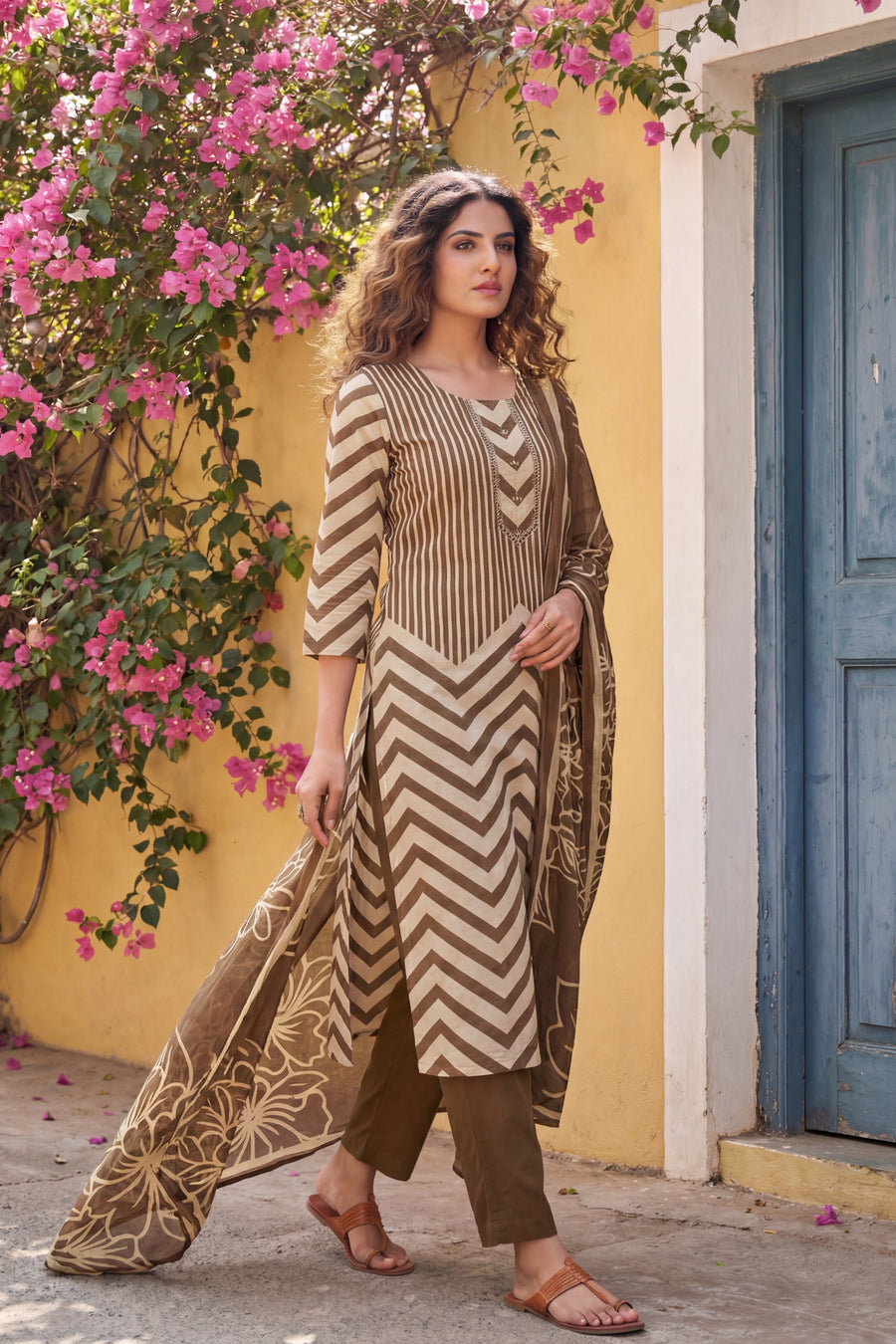 Olive Stripe Botanica Cotton Dupatta Set — image 6