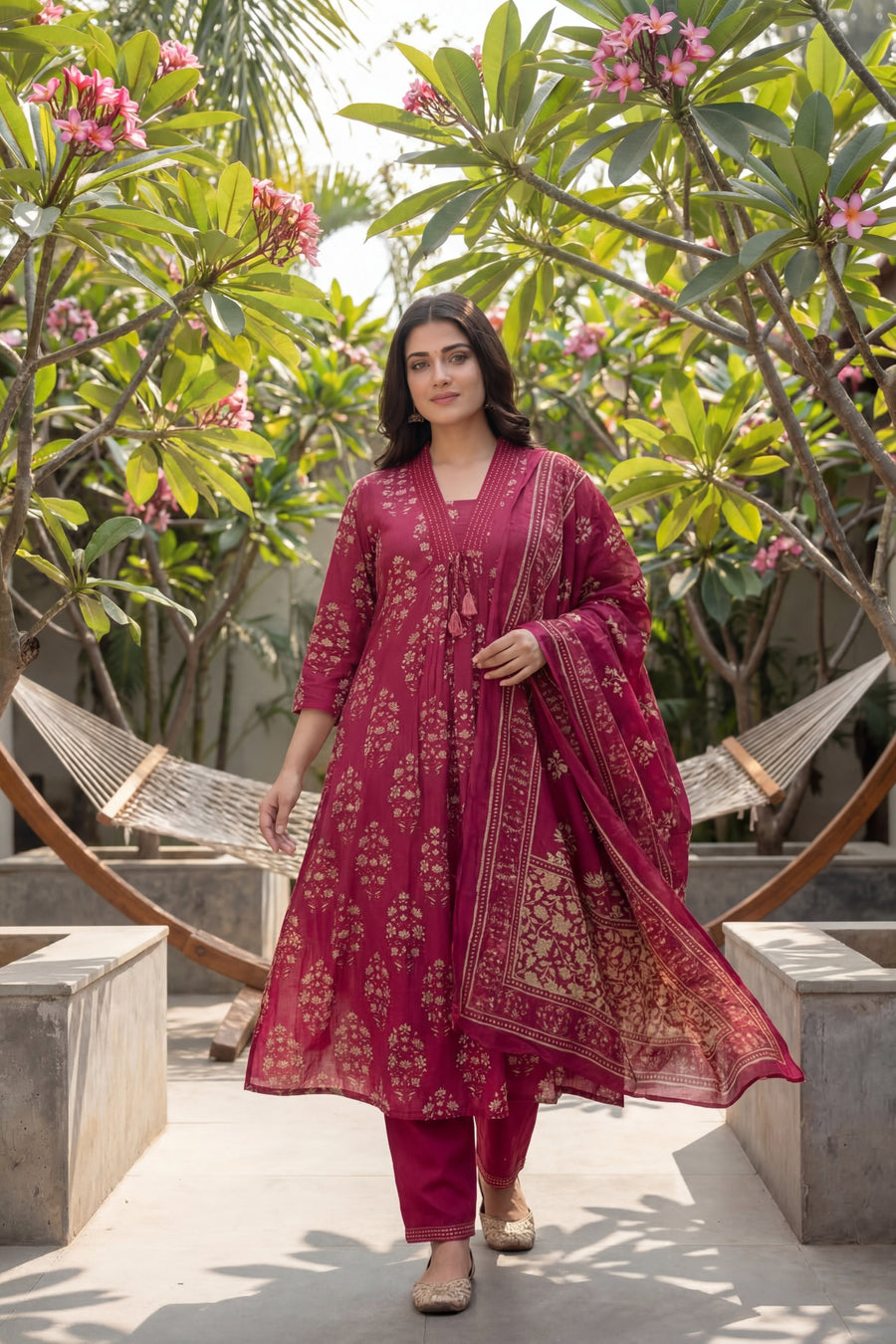 Berry Mughal Tassel Floral Cotton Dupatta Set — image 7