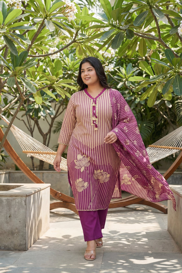 Amethyst Stripe Tassel Lotus Cotton Dupatta Set