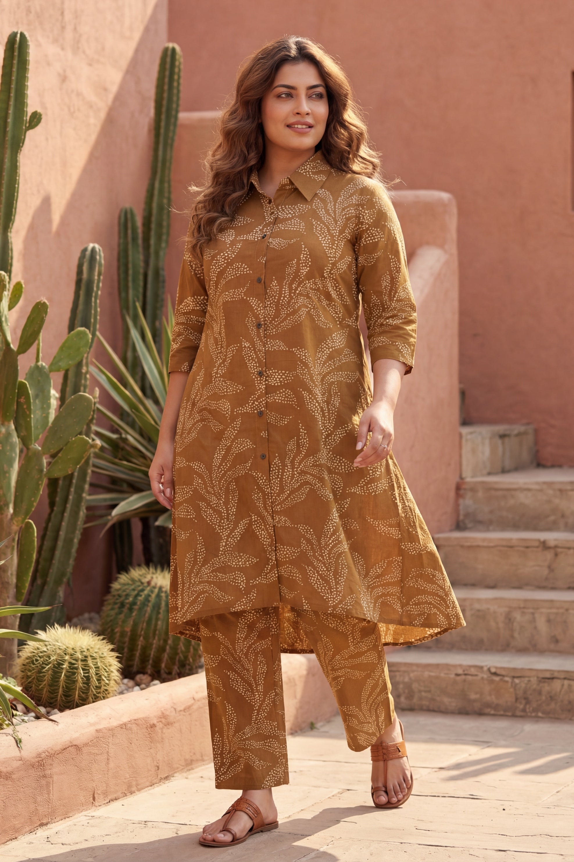 Warm Canvas Brown Cotton Co-ord | Beige Botanical Print | Me&My