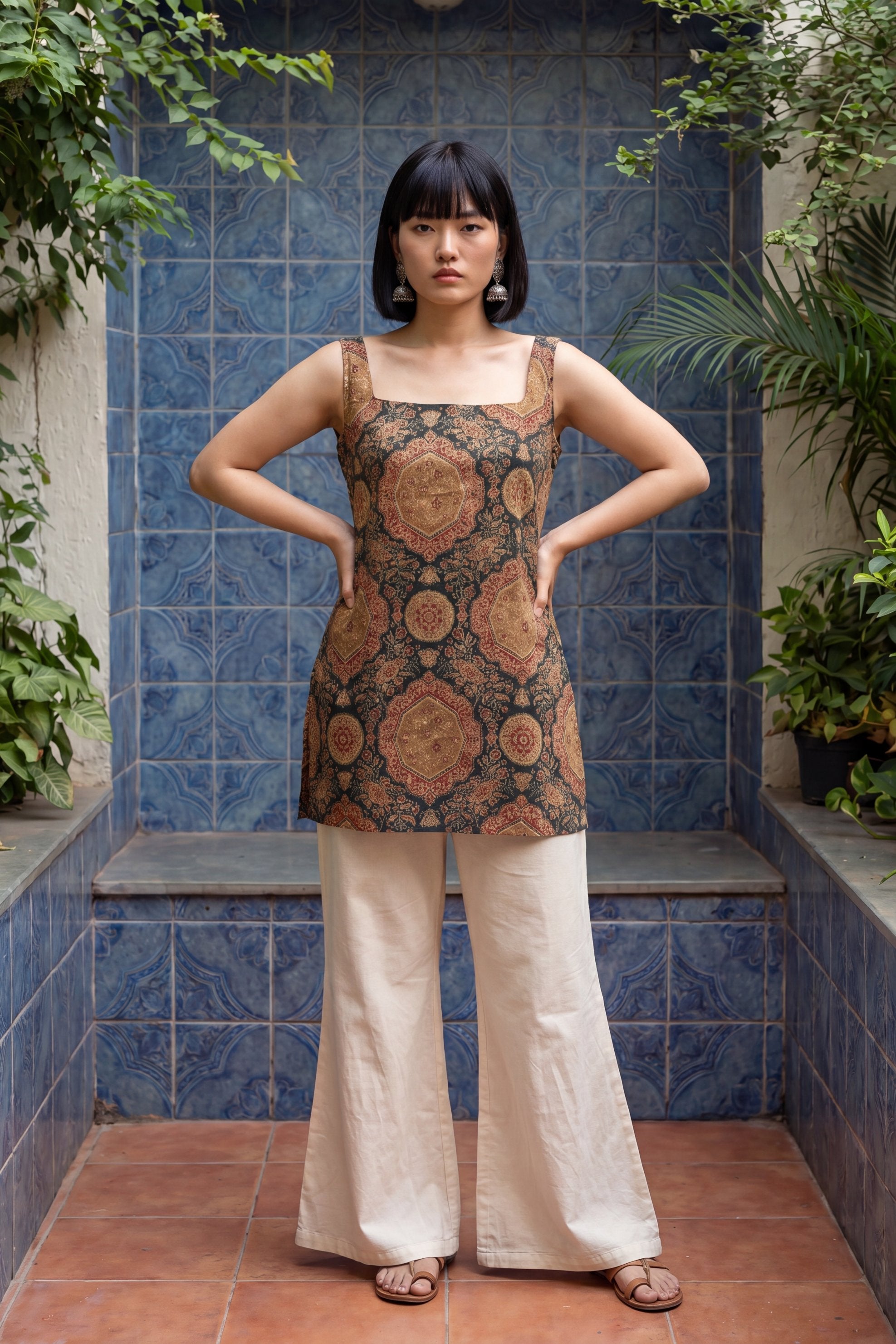Editorial Sage Green Square Neck Cotton Top