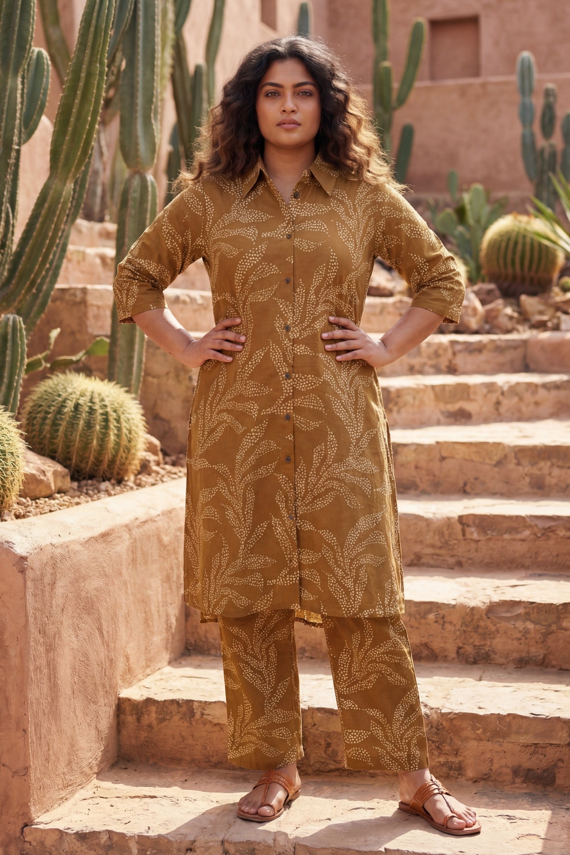 Warm Canvas Brown Cotton Co-ord | Beige Botanical Print | Me&My