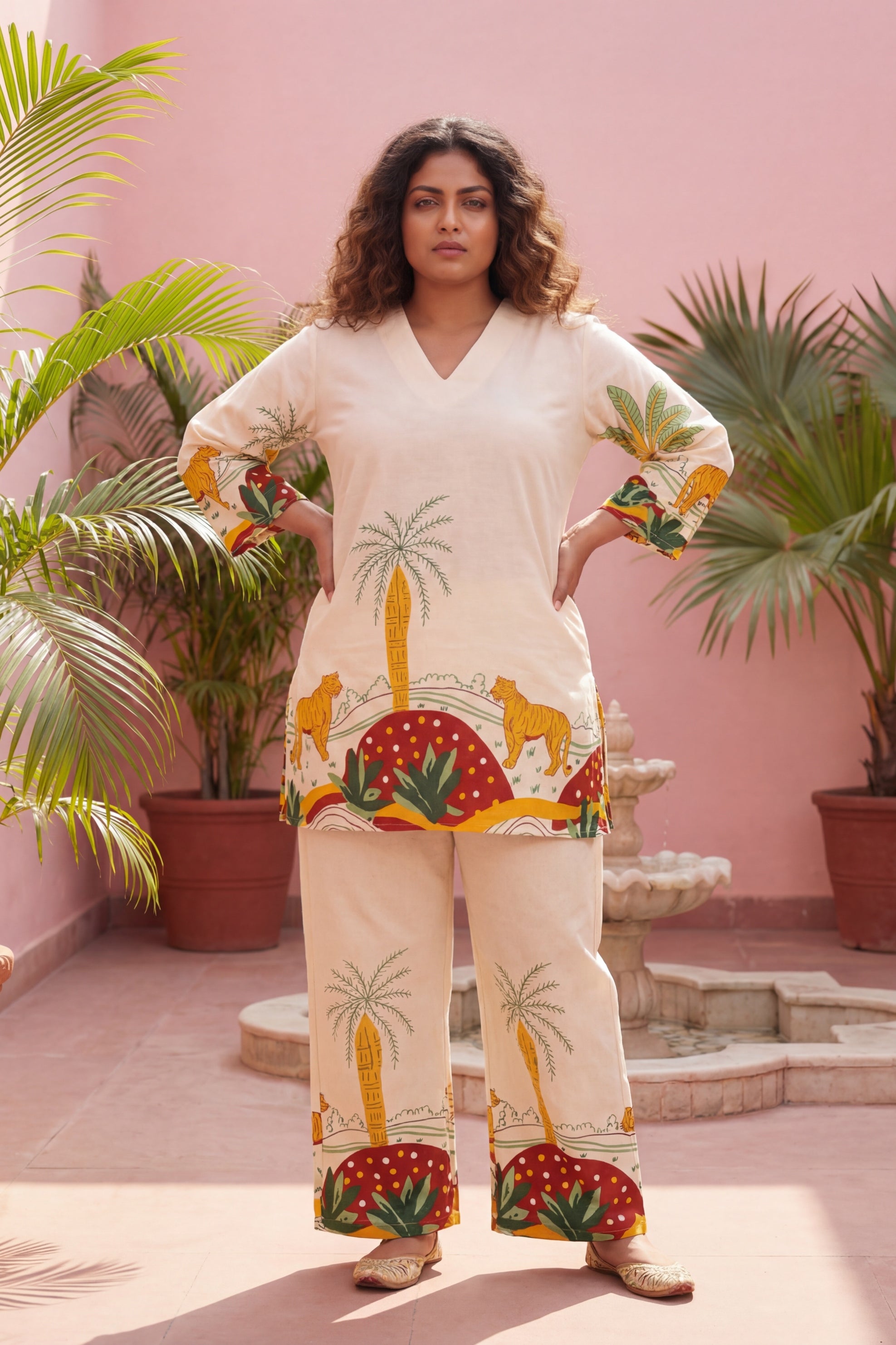 Sunset Savanna Cotton Flex Co-ord | Tropical Palm Camel Print | Me&My