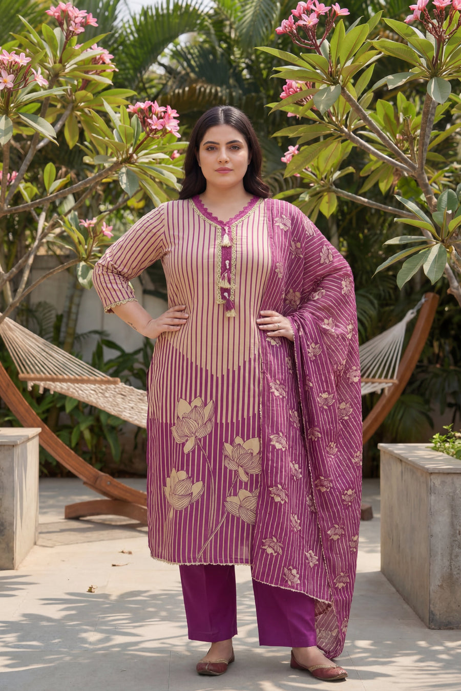 Amethyst Stripe Tassel Lotus Cotton Dupatta Set — image 7