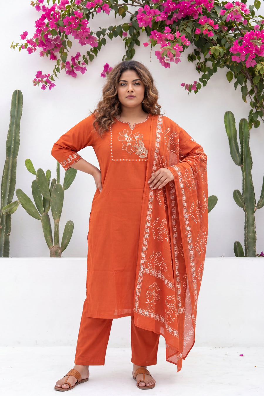 Kesar Meadow Terracotta White-Work Cotton Suit Set — image 8