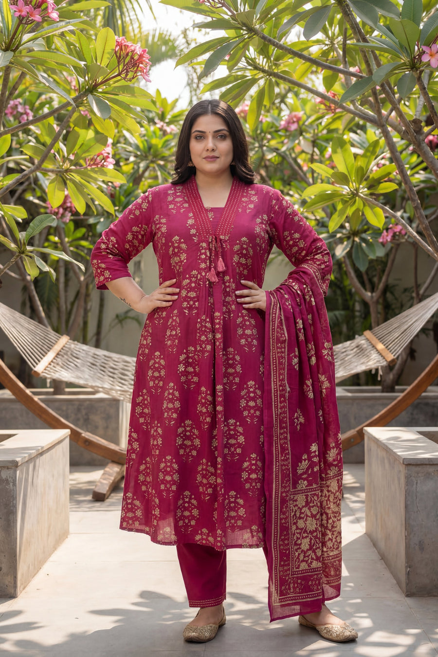 Berry Mughal Tassel Floral Cotton Dupatta Set — image 11