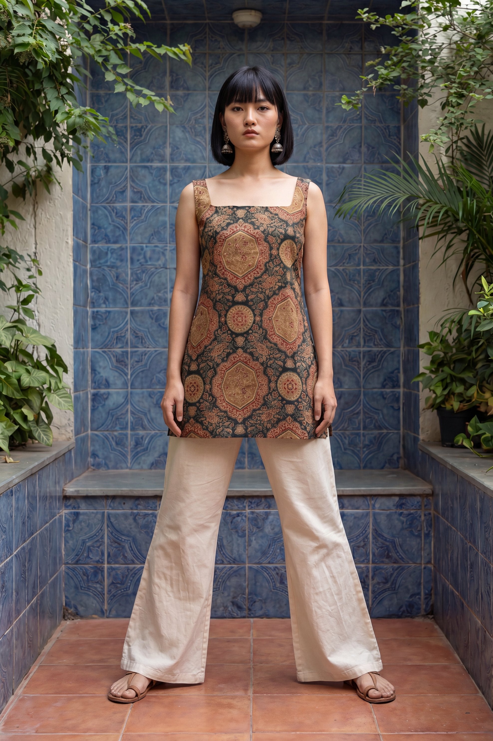 Editorial Sage Green Square Neck Cotton Top