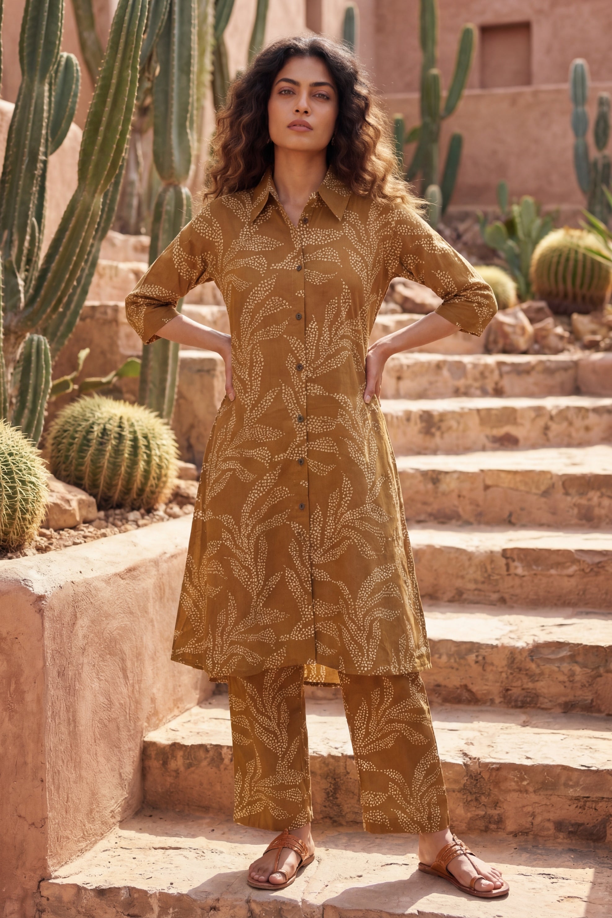 Warm Canvas Brown Cotton Co-ord | Beige Botanical Print | Me&My