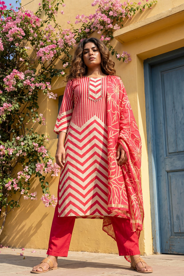 Rose Chevron Carnival Cotton Dupatta Set