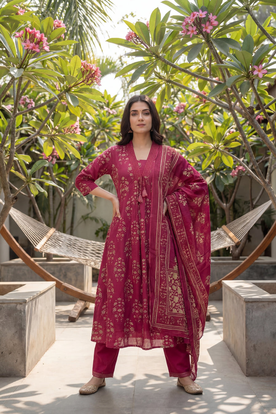 Berry Mughal Tassel Floral Cotton Dupatta Set — image 8