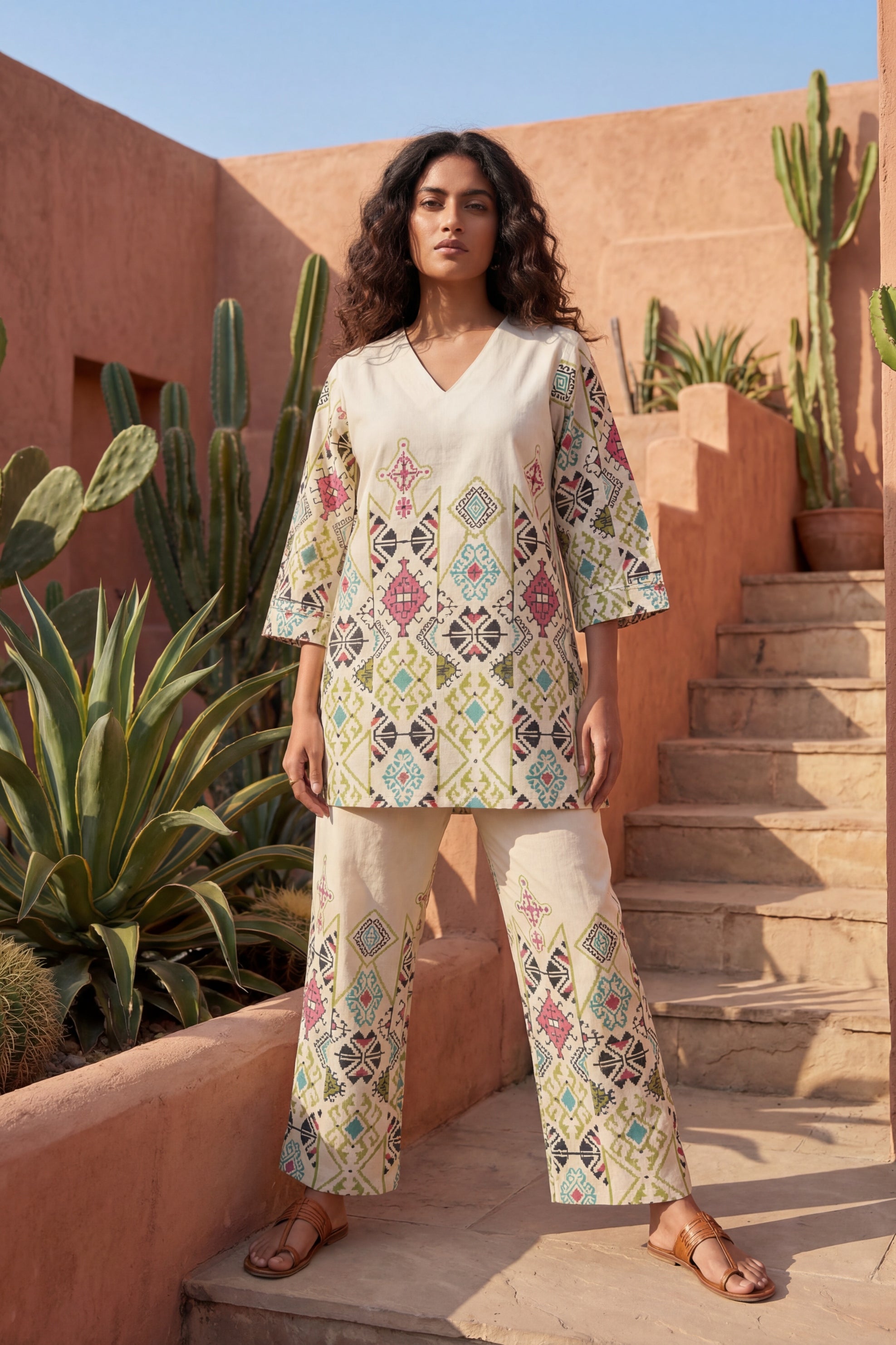 Bohemian Jewels Cream Cotton Flex Co-ord | Geometric Diamond Print | Me&My