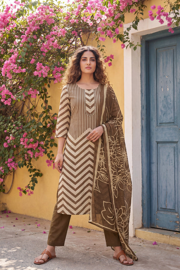 Olive Stripe Botanica Cotton Dupatta Set