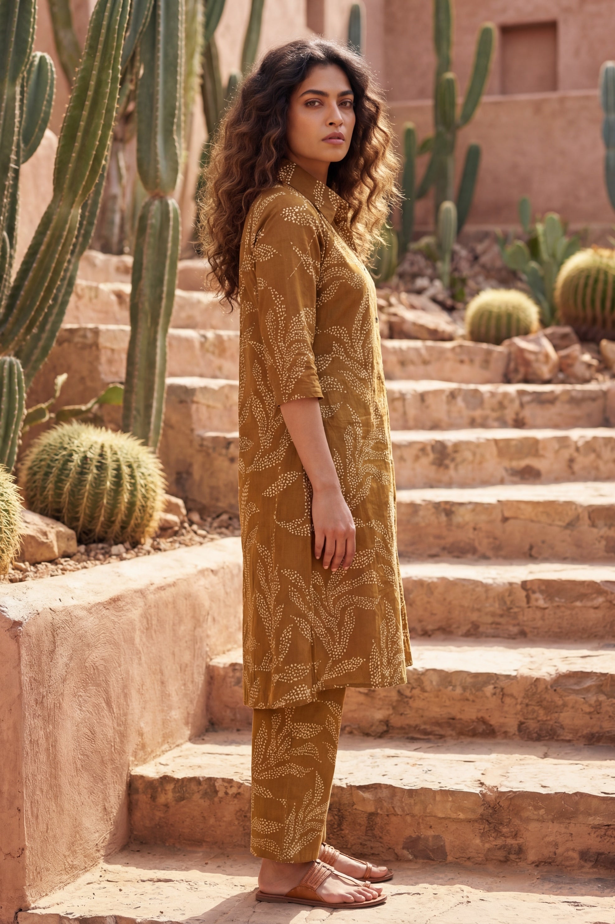 Warm Canvas Brown Cotton Co-ord | Beige Botanical Print | Me&My