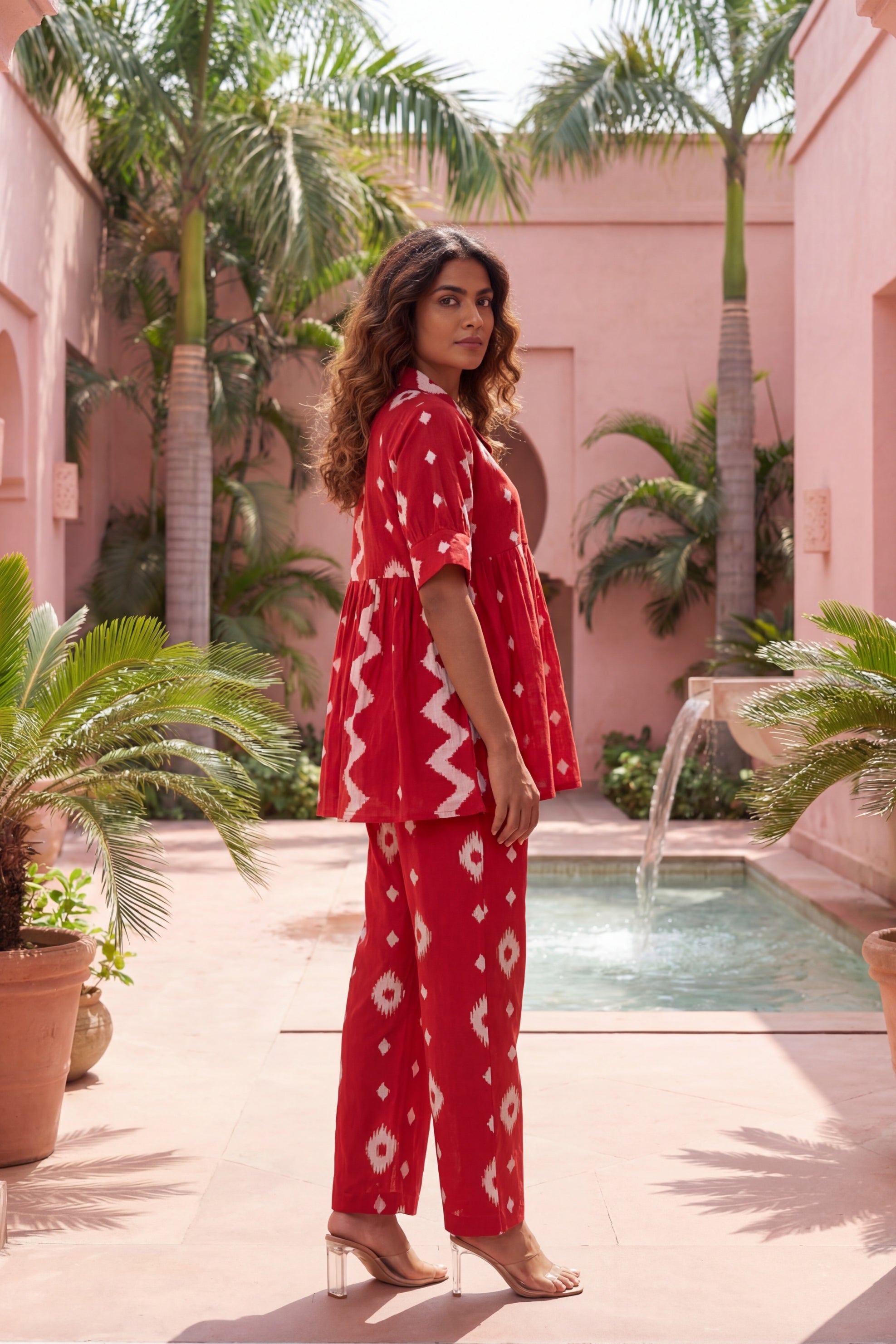 Crimson Diamond Red Cotton Co-ord | Geometric Ikat Print | Threadily Brands