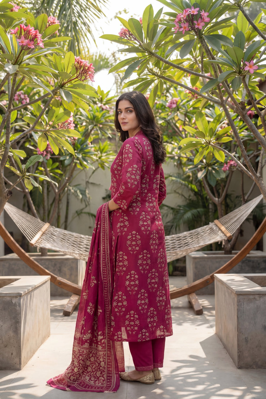 Berry Mughal Tassel Floral Cotton Dupatta Set — image 6