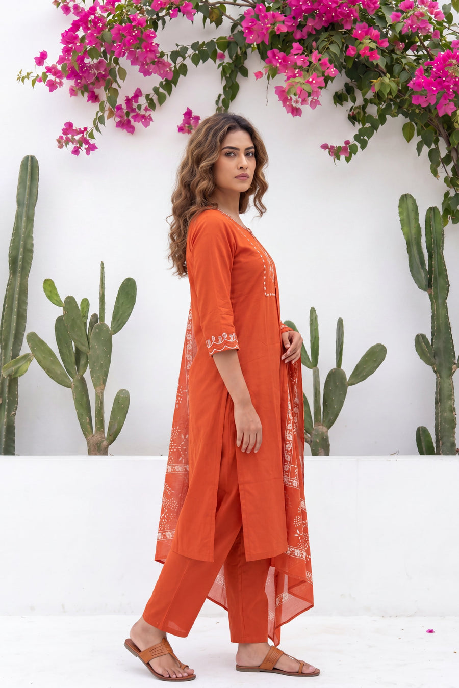 Kesar Meadow Terracotta White-Work Cotton Suit Set — image 7