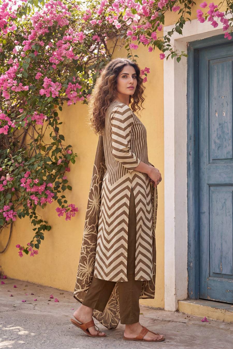 Olive Stripe Botanica Cotton Dupatta Set — image 5