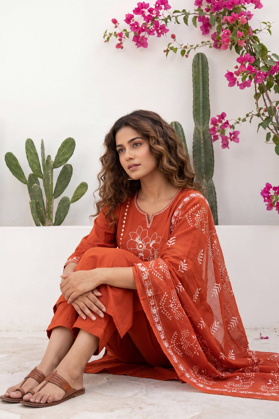 Kesar Meadow Terracotta White-Work Cotton Suit Set — image 10