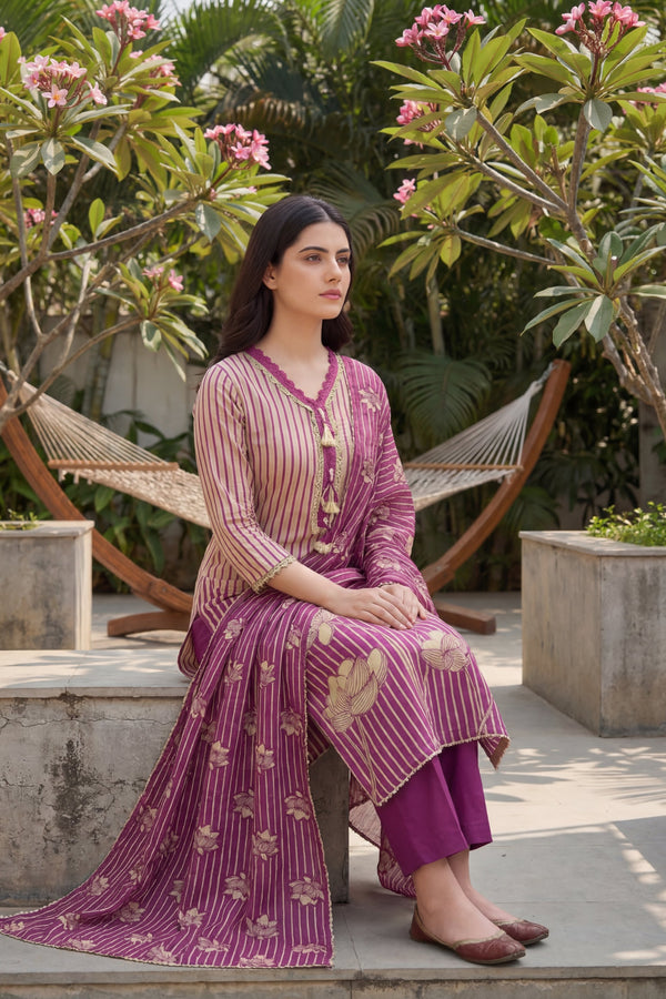 Amethyst Stripe Tassel Lotus Cotton Dupatta Set