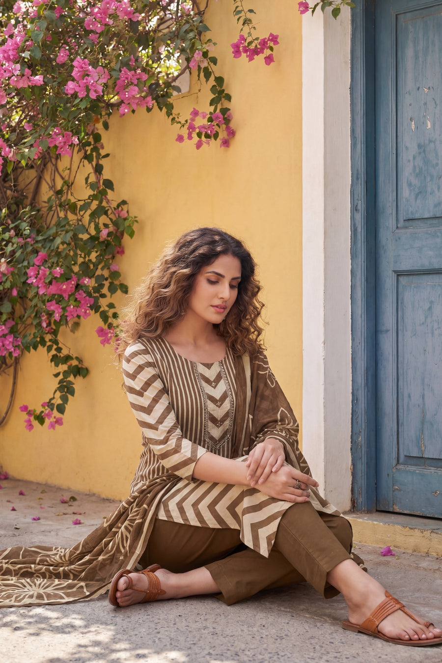 Olive Stripe Botanica Cotton Dupatta Set — image 11