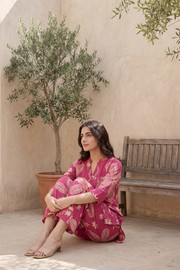 Rose Garden Deep Pink Cotton Angrakha Co-ord Set