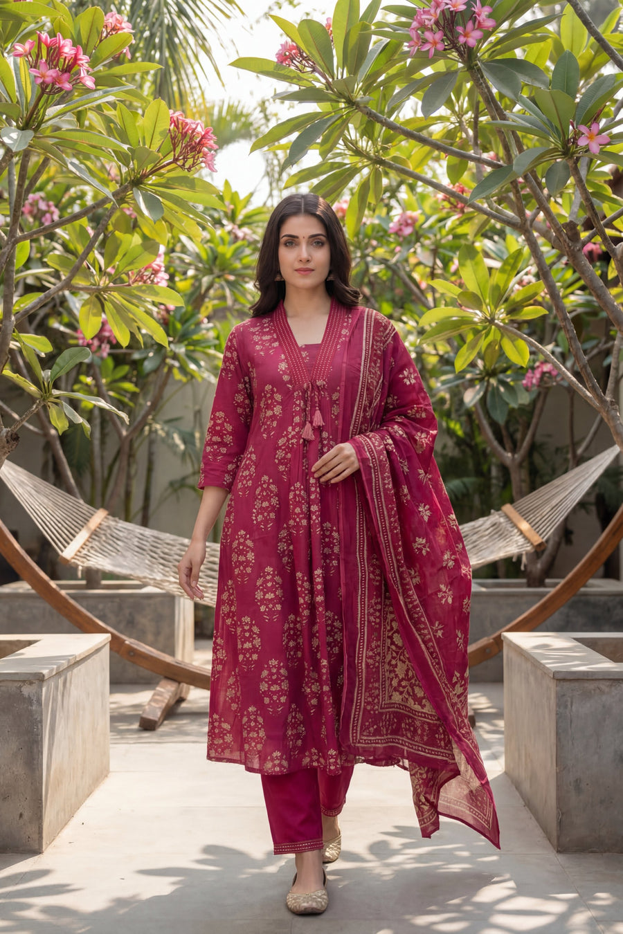 Berry Mughal Tassel Floral Cotton Dupatta Set — image 12