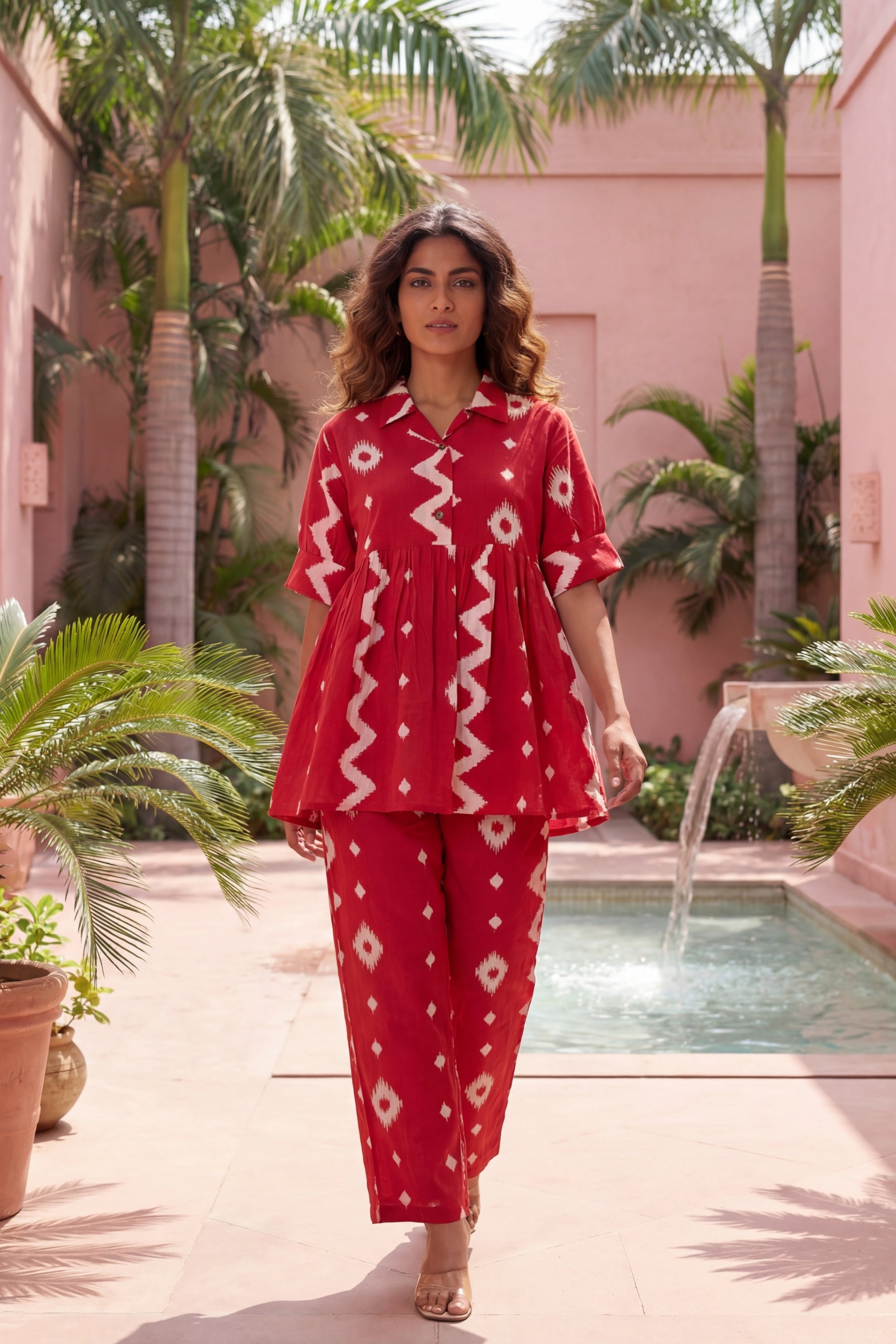 Crimson Diamond Red Cotton Co-ord | Geometric Ikat Print | Threadily Brands