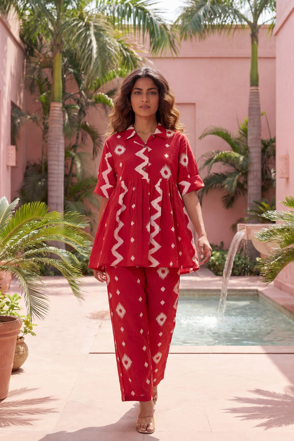 Crimson Diamond Red Cotton Co-ord Set