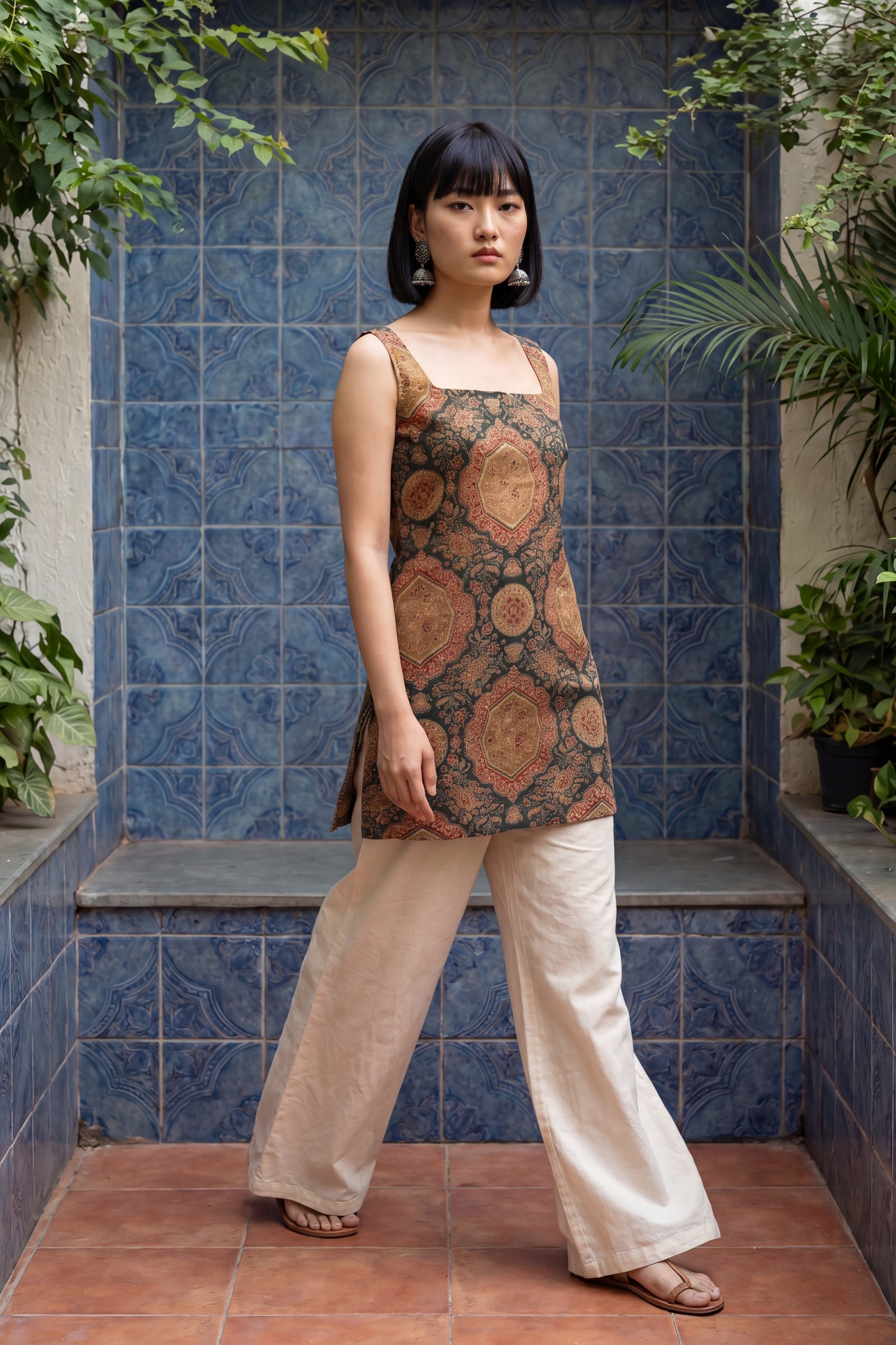 Editorial Sage Green Square Neck Cotton Top