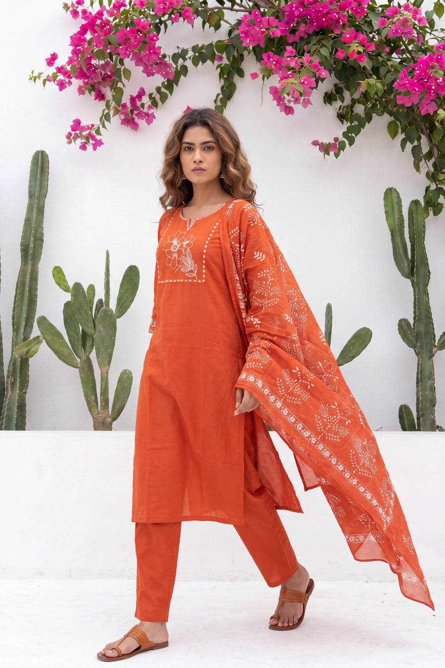 Kesar Meadow Terracotta White-Work Cotton Suit Set — image 11