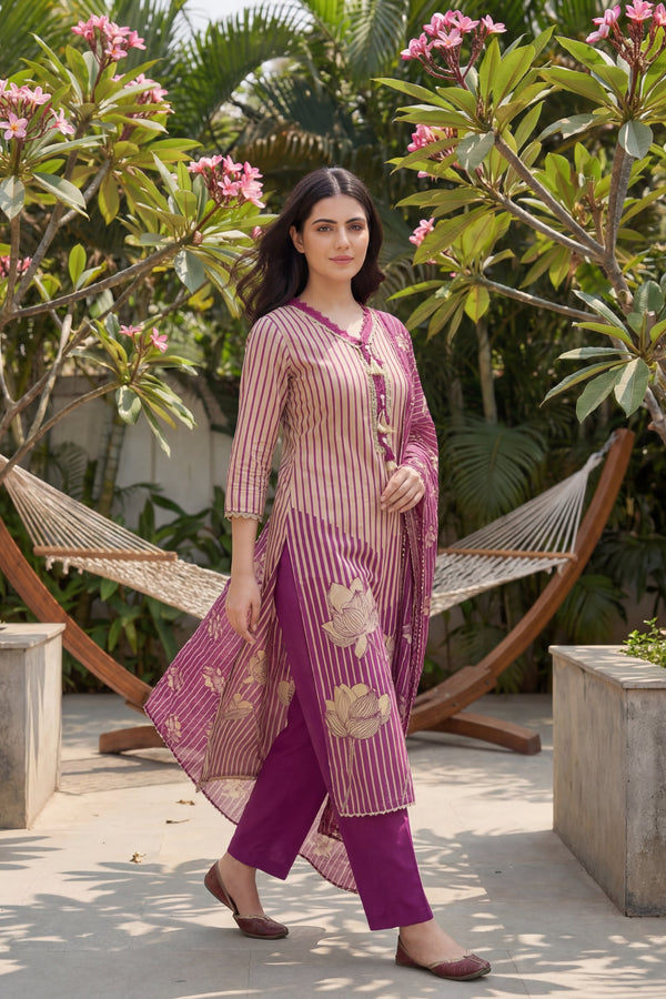 Amethyst Stripe Tassel Lotus Cotton Dupatta Set