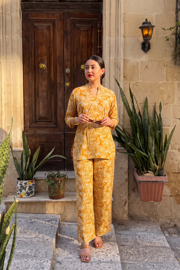 Mustard Jaal Angrakha Cotton Co-ord Set