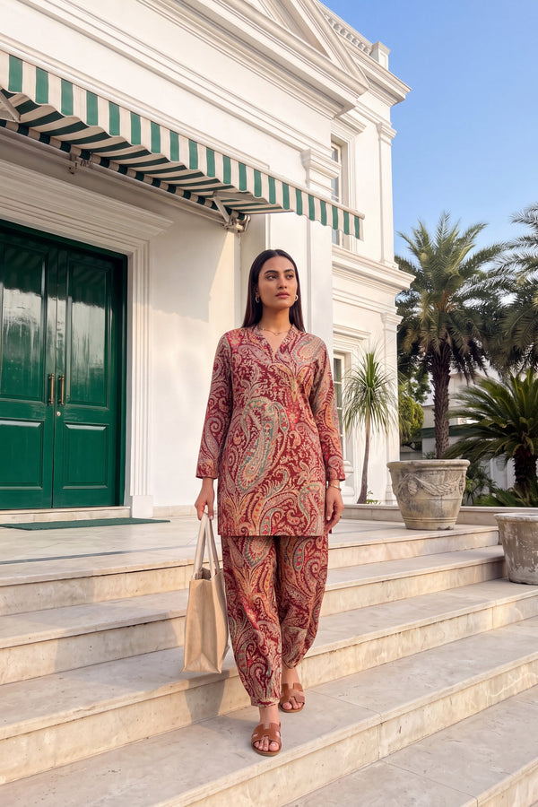 Wine Paisley Cotton Farshi Salwar Set