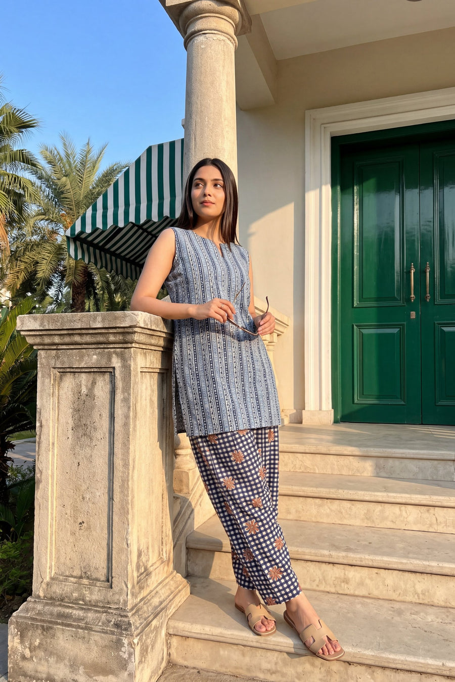Cerulean Check Cotton Sleeveless Farshi Salwar Set — image 3