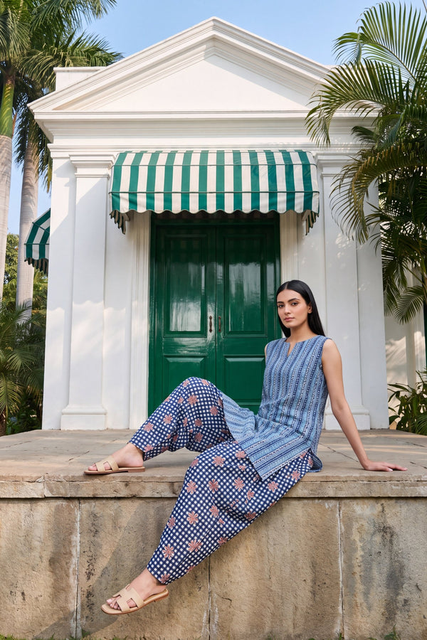 Cerulean Check Cotton Sleeveless Farshi Salwar Set