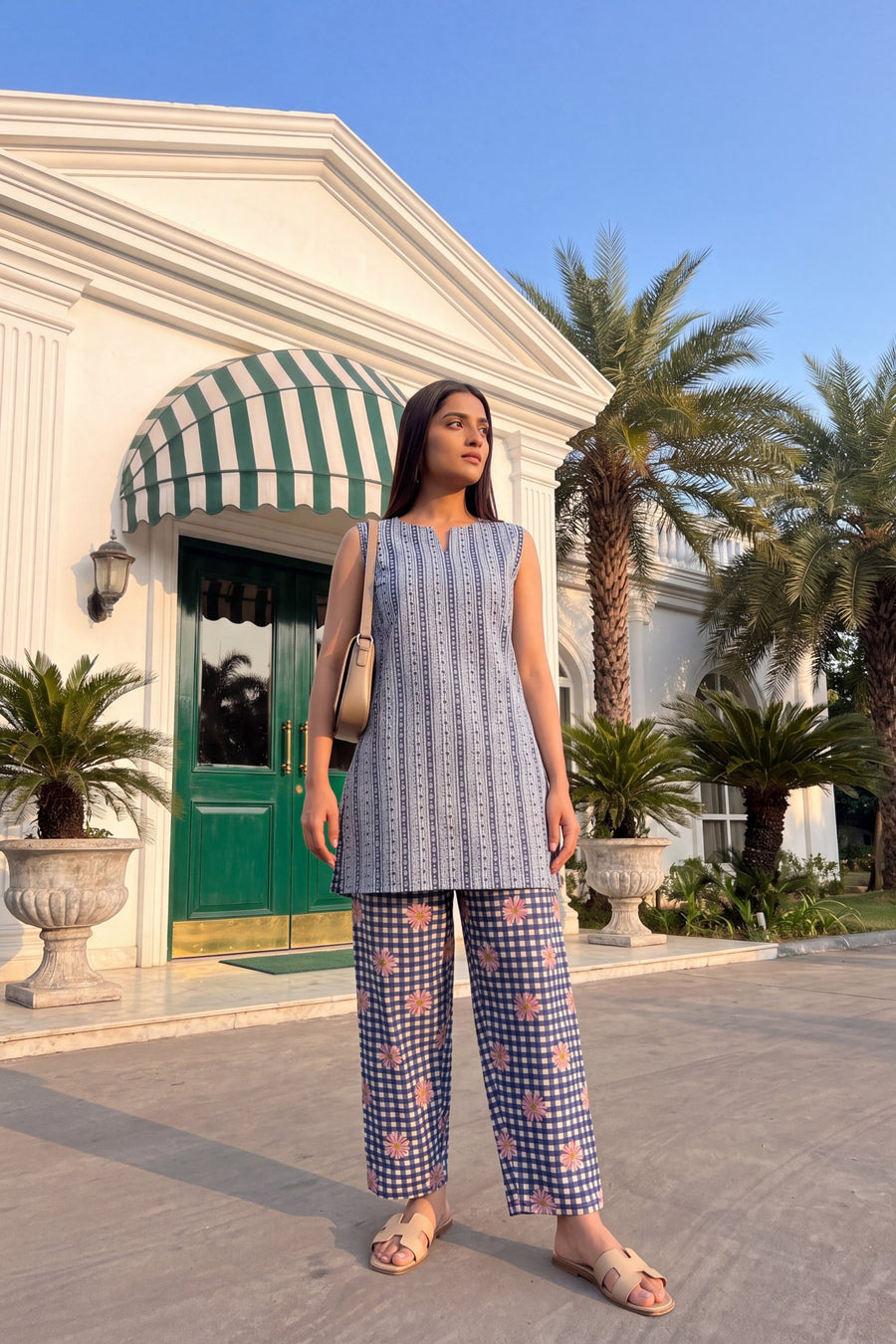 Cerulean Check Cotton Sleeveless Farshi Salwar Set — image 5