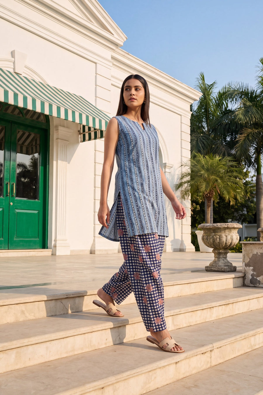 Cerulean Check Cotton Sleeveless Farshi Salwar Set — image 6