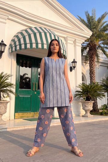 Cerulean Check Cotton Sleeveless Farshi Salwar Set