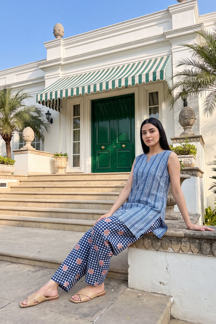 Cerulean Check Cotton Sleeveless Farshi Salwar Set — image 9