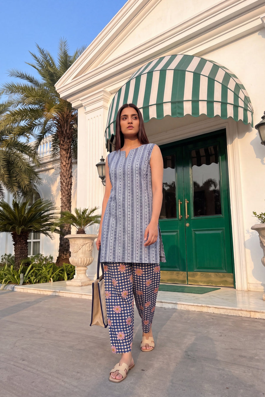Cerulean Check Cotton Sleeveless Farshi Salwar Set — image 13