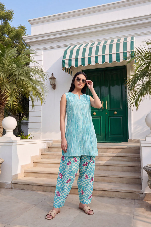 Lagoon Blossom Cotton Sleeveless Farshi Salwar Set