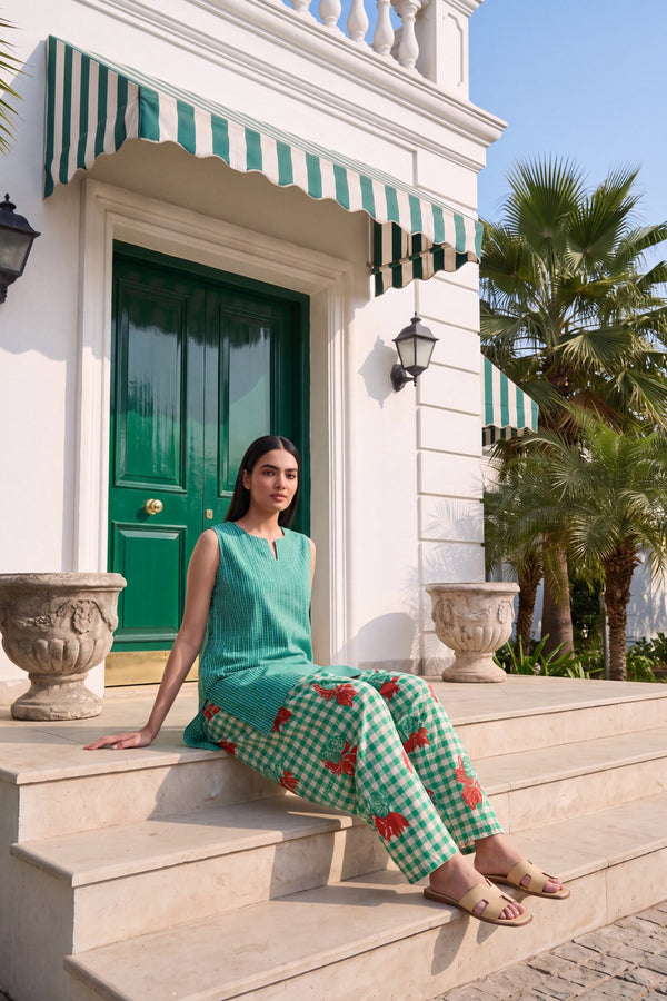 Jade Gingham Cotton Sleeveless Farshi Salwar Set