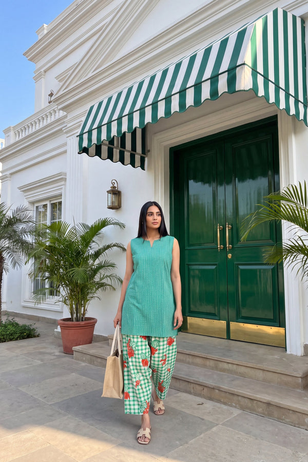 Jade Gingham Cotton Sleeveless Farshi Salwar Set