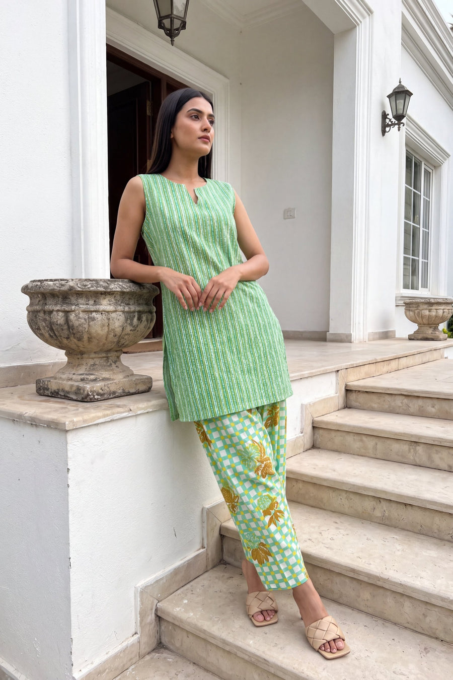 Pistachio Stripe Cotton Sleeveless Farshi Salwar Set — image 3