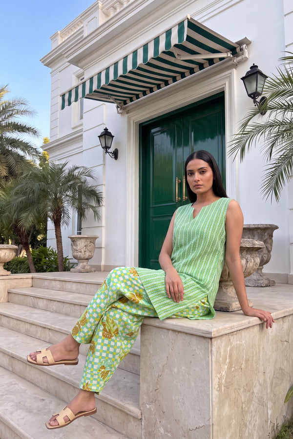Pistachio Stripe Cotton Sleeveless Farshi Salwar Set