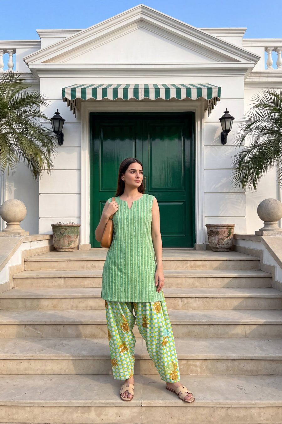 Pistachio Stripe Cotton Sleeveless Farshi Salwar Set — image 6