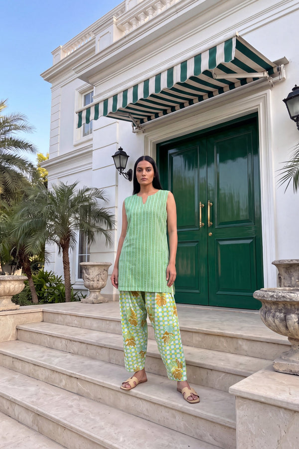 Pistachio Stripe Cotton Sleeveless Farshi Salwar Set