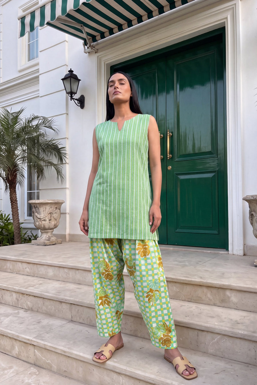 Pistachio Stripe Cotton Sleeveless Farshi Salwar Set — image 9