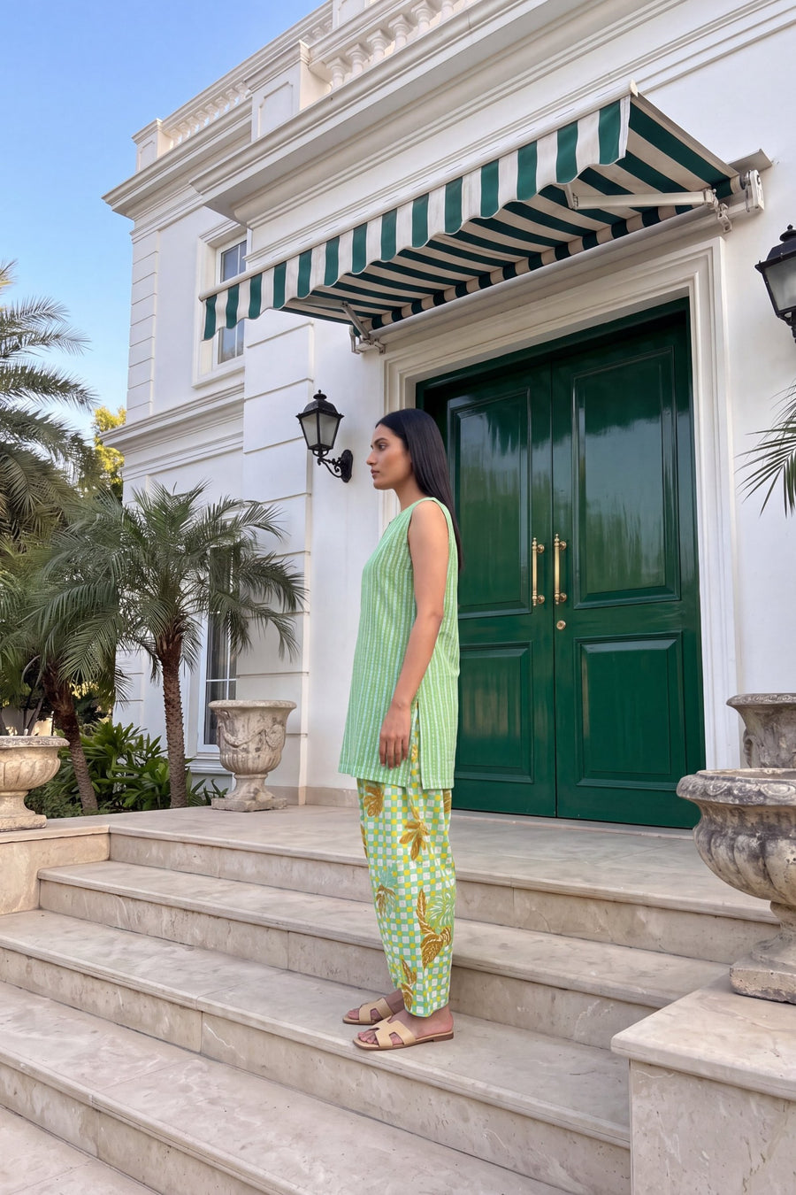 Pistachio Stripe Cotton Sleeveless Farshi Salwar Set — image 10